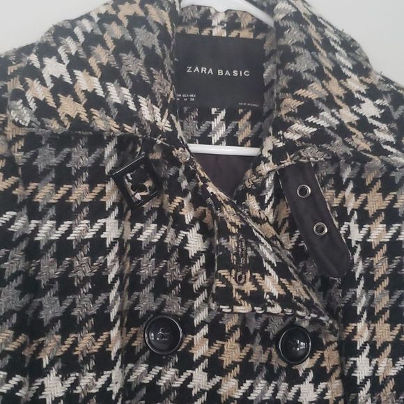 zara BASIC Houndstooth Wool Blend Coat Jacket with Belt Medium - Picture 2 of 5